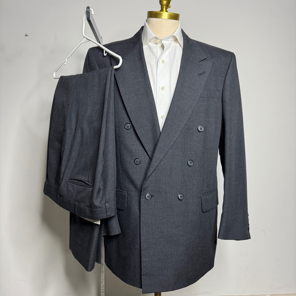 Stafford Mens Charcoal Gray 42L 32W Double Breasted‎ Wool Blend Suit Solid